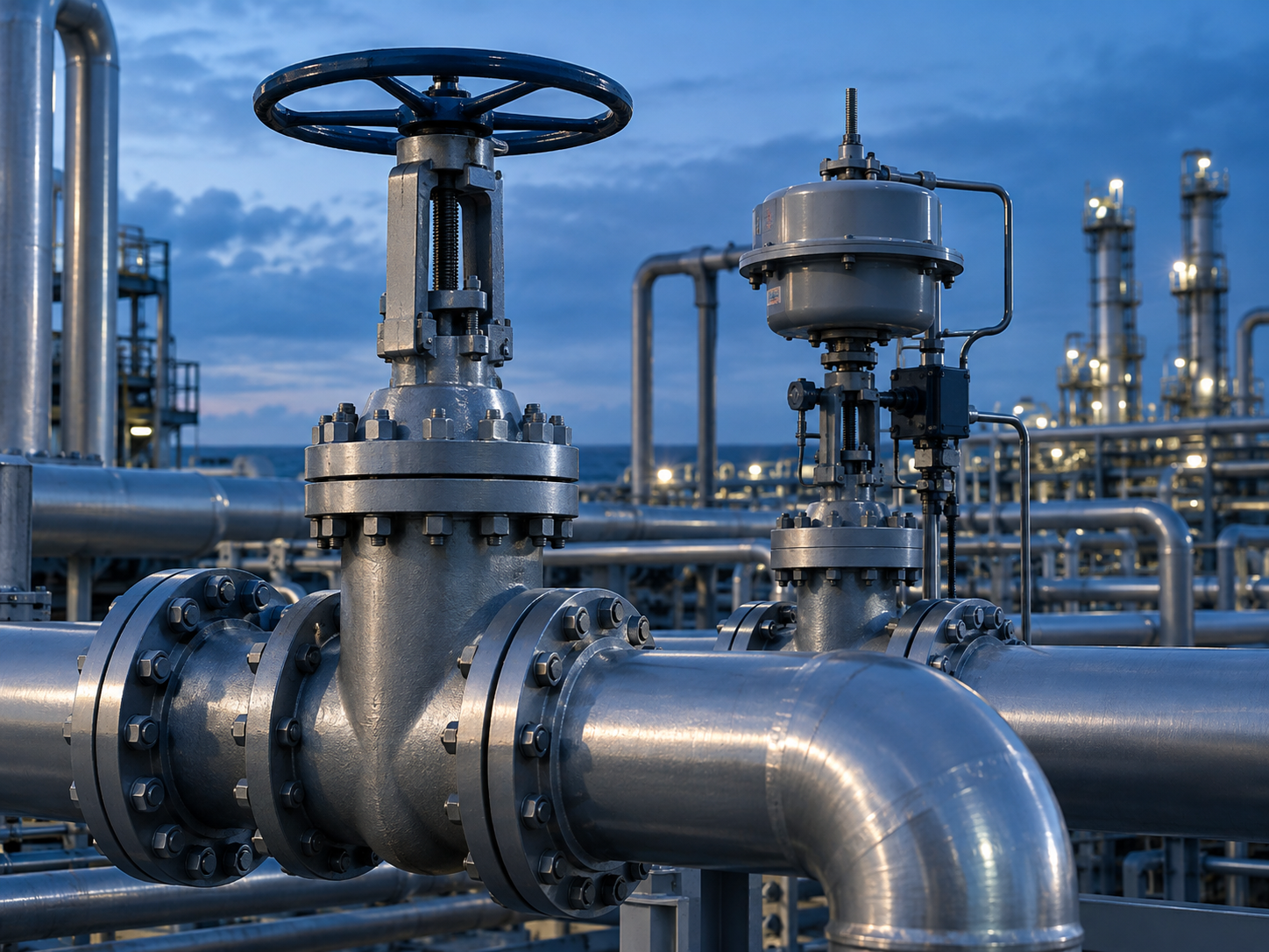 Illustrative gate valve and actuated control valve in an industrial process plant
