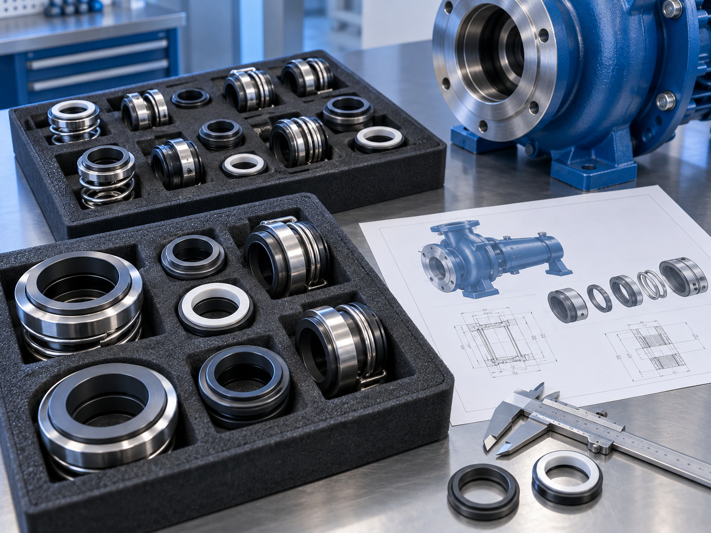 Illustrative replacement mechanical seals prepared for dimensional matching
