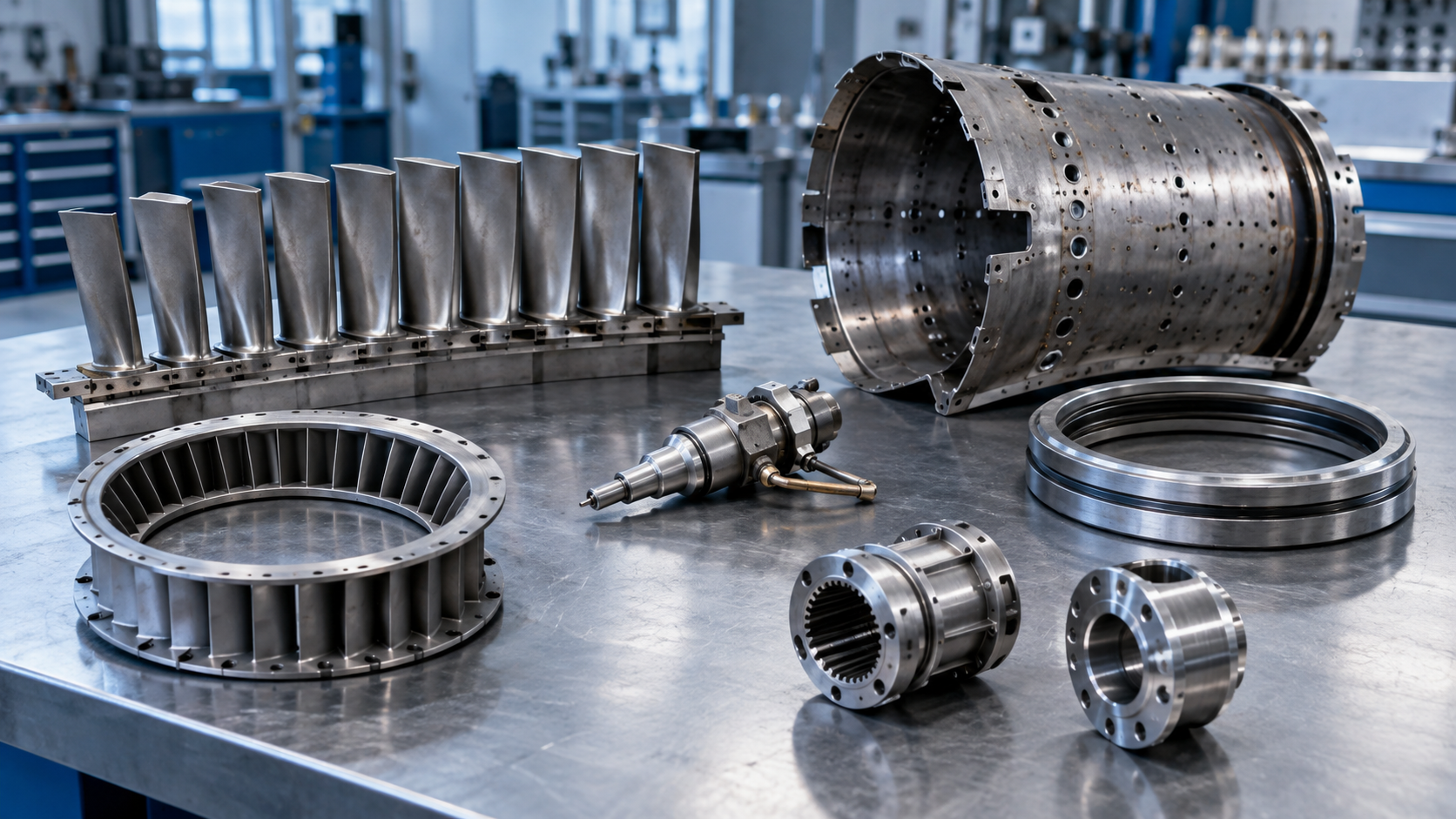 Illustrative arrangement of gas turbine blades, nozzle components, a casing section, rings and machined spare parts